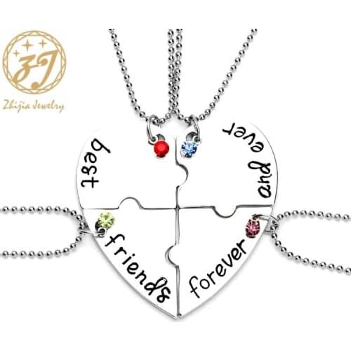 Zhijia best friends forever and ever BFF Necklaces 4 pcs beads chain crystal jigsaw puzzle necklace friendship jewelry