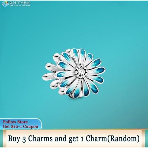 Ahthen 925 Sterling Silver Beads Blue Daisy Flower Charms fit Original Pandora Bracelets for Women Jewelry Making Gift
