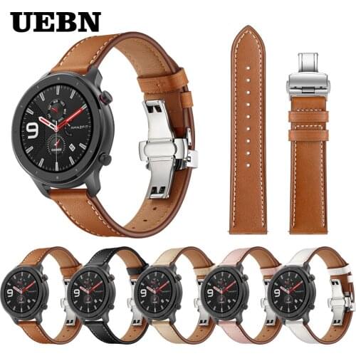 UEBN 20mm 22mm Leather Silver Butterfly clasp WristStrap for Xiaomi huami amazfit GTR 42 47mm Bracelet amazfit bip GTS Watchband