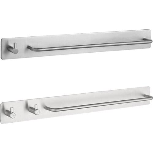 Self-Adhesive Brushed Finish Stainless Steel Towel Bar Rack with Hook Hand Bath Towel Holder Storage Organizer for Bathroom