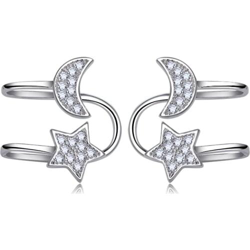Elegant Trendy Silver Color Crystal Star Moon Clip on Earrings For Women No Piercing Fake Cartilage Statement Ear Cuff Jewelry