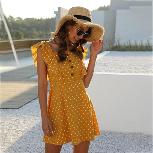 Vintage Yellow Ruffle Polka Dot Cottagecore Dress Cute Ladies Mini High Waisted Single Breasted Square Neck Dress Plus Size