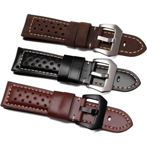 22 24 26mm Black Brown Real Leather Handmade Thick VINTAGE Wrist Watch Band Band Strap Belt Brushed Buckle For Luminor