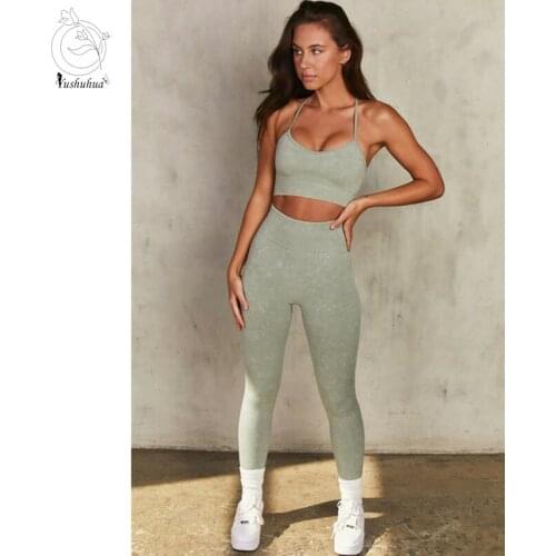 Yushuhua Sand Wash Imitation Denim Seamless Knitted Yoga Wear Beauty Back Sports Bra And Gym Workout Leggings Fitness Suit