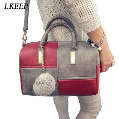 Female Boston Patchwork PU Leather Women Bag Design Shoulder Crossbody Messenger Bags Fashion Handbag Short Handle