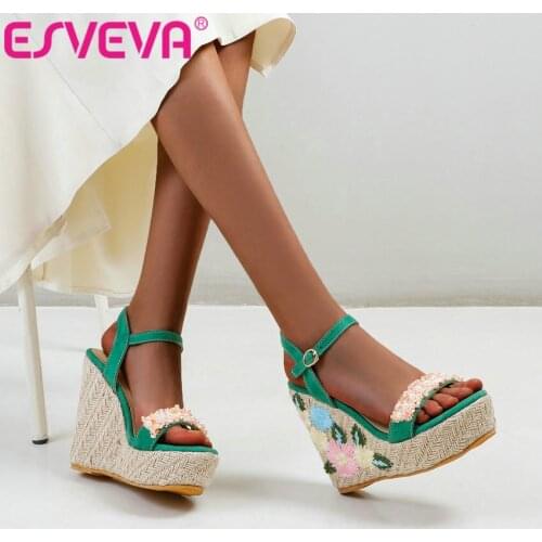 ESVEVA 2021 PU Leather Wedge High Heel Summer Women Shoes Platform Buckle Pastoral Style Female Sandals Big Size 34-43