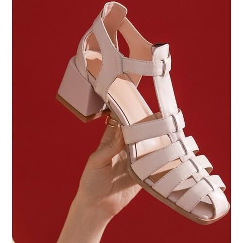 Square head Sandals For Women Genuine Leathr Hollow out High Heels Pumps Felame 2021 summer Newest Wedding Shoes Woman white