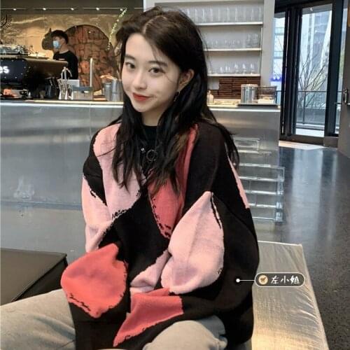 Pull Femme Lazy Retro Loose Outwear Japan Style Casual O Neck Argyle Sweater Pullovers Plaid Knitted Top Long Sleeve Shirt Fall