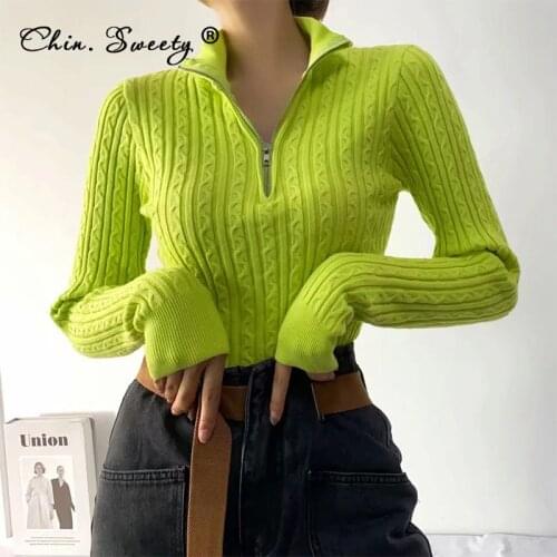 Knitted Womens Solid Twisted Sweater Pullovers 2021 Autumn Long Sleeve Zipper Stand Collar Crop Tops Ladies Fashion Office Top