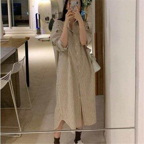 Korea Thin Loose Look Thin Dress Women Minimalism Stripes Single-breasted Bottoming Shirt Casual All-match Student Blouses Dress