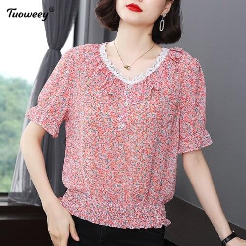 2021 Fashion Women lace Summer Style Chiffon Blouses Women Casual short Sleeve Plus Size Print Loose Shirt Elegant Women Tops