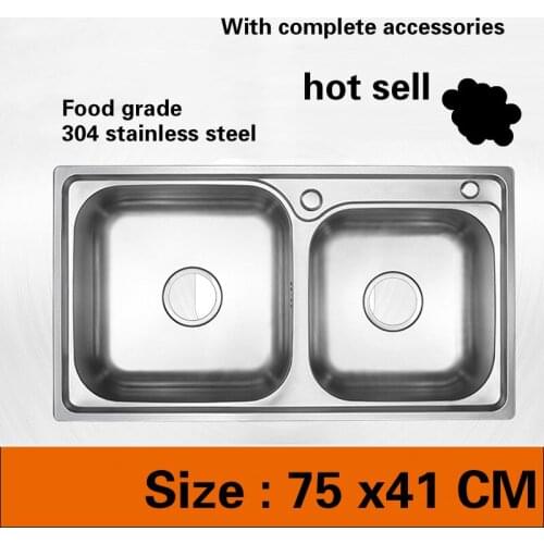 Free shipping Food grade 304 stainless steel hot sell kitchen sink ordinary double trough 0.7mm thick durable 75x41 CM