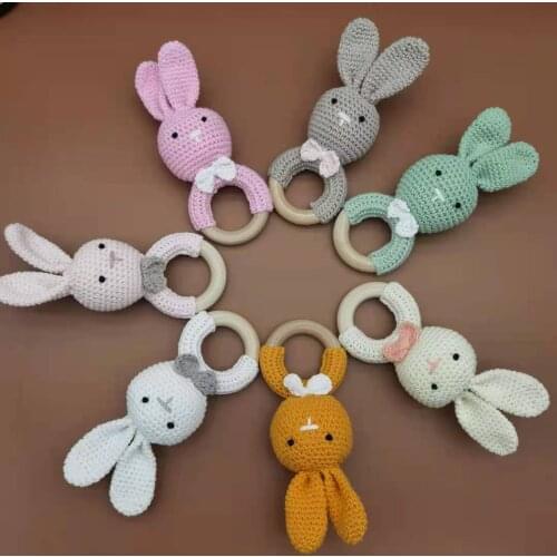 15cm Cute Baby Crochet Teething Bunny Rattle Wooden Newborn Teether Infant Toys