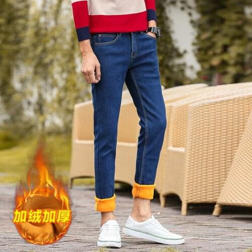 Winter Jeans Men blue 2021 New Color Slim Fit Stretch Thick Velvet Pants Warm Jeans For Men Fashion Casual Fleece Trousers Male
