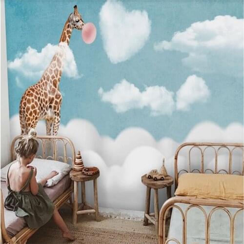 Xuesu Custom wallpaper childrens room sky creative clouds giraffe bedroom cartoon mural 8D waterproof wall covering