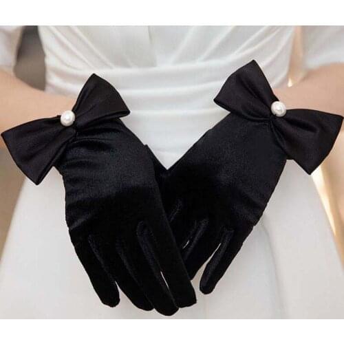 Korean Women Wedding Dress Gloves Summer Golden Velvet Full Finger Bow Pearl Etiquette Cycling Driving Sunscreen Mittens M48