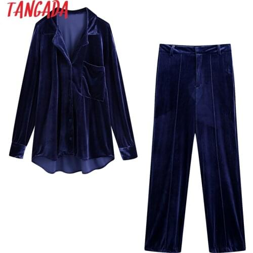 Tangada Womens Sets Spring Fashion Velvet Shirt Loose Pants Suit 2 Piece Set Female Elegant Oversized Shirt Pants Sets BE206