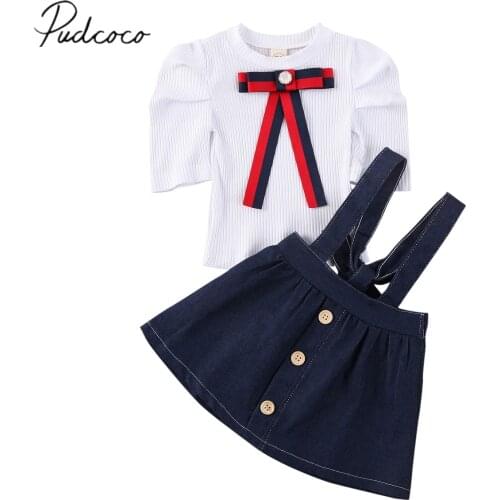 2020 Baby Summer Clothing Newborn Kids Baby Girl Bowkont Ruffle Puff Sleeve T-shirt Top Overall Denim Dress School Outfit Set