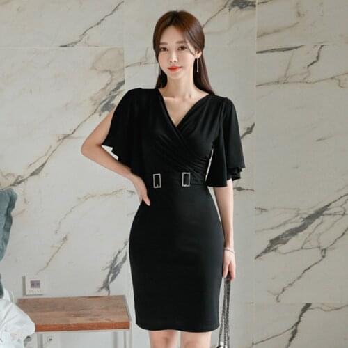 Fashion Summer Vintage Flying Sleeve Black Midi Dress Ladies OL Streetwear Elegant V-Neck Folds Patchwork Bodycon Pencil Dress