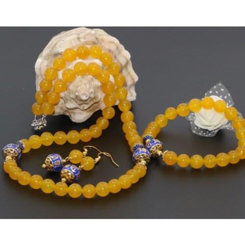 New arrival original design yellow jades chalcedony stone round beads 8mm earrings necklace bracelets elegant jewelry set B2680