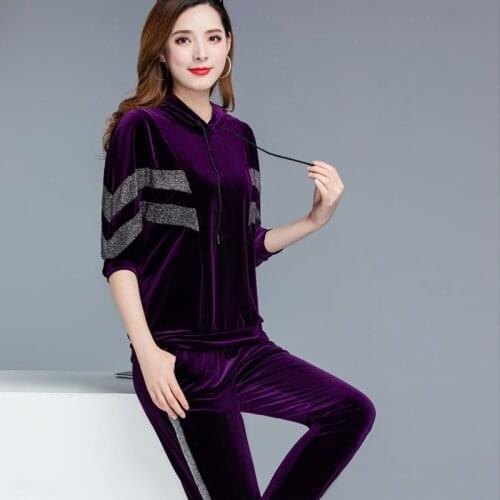 2021 Spring Autumn Hooded Plus Size New Gold Velvet Two Piece Set Female Solid Color Loose Hedging Elastic Women Casual Suits