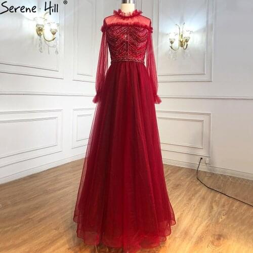 Serene Hill Wine Red A-Line Luxury Evening Dresses Gowns 2021 Long Sleeves Beading Lace Up For Women Party LA70973
