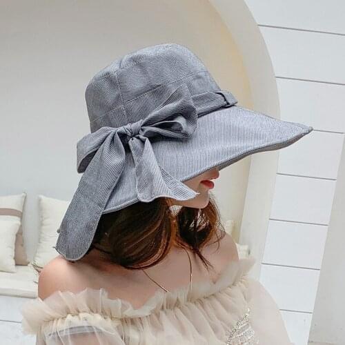 Cloth Hats Womens Summer New Style Linen Flower Color Ribbon Bow Sunbonnet Outdoor UV Protection Foldable Wide Brim Hat