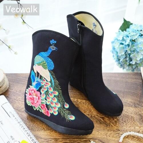 Veowalk Sequins Peacock Embroidered Women Cotton Fabric Short Boots Hidden Wedge Platform Comfortable Autumn Shoes for Ladies