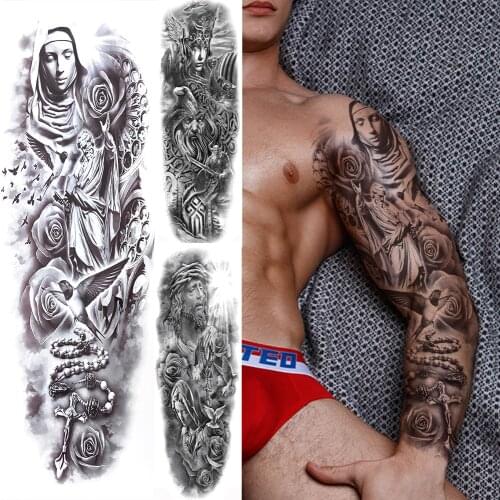 Full Arm Sleeve Temporary Tattoos For Men Women Adult Nun Girl Flower Pirate Black Tattoos Sticker Fake God White Dove Tatoos