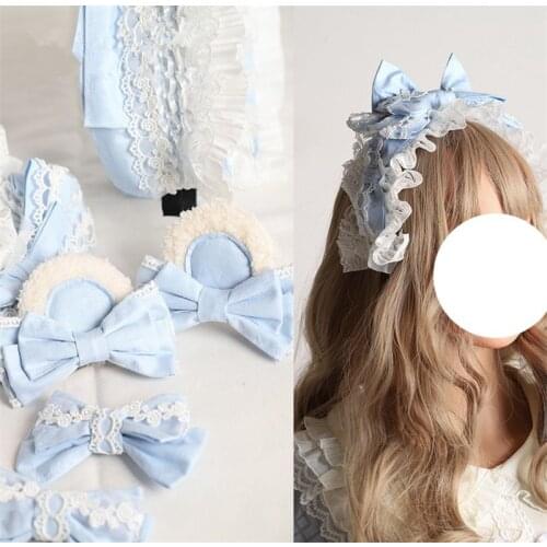 Handmade Light Blue Bow Hairpin Lolita Bear Ear KC Headband HairClip Hair Accessory B1624