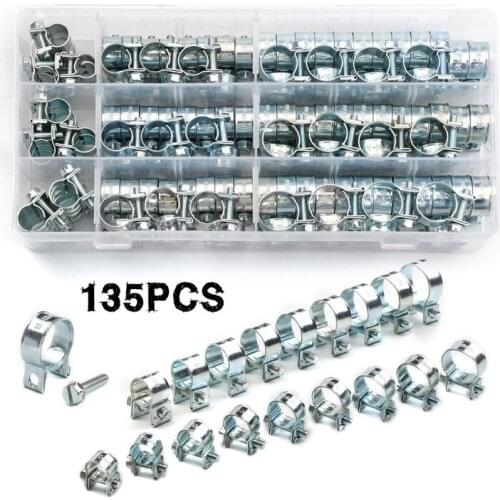 135Pcs 8-18mm Hose Clamp Double Ears Clamp Worm Drive Fuel Water Hose Pipe Clamps Clips Hose Fuel Clamps Assorted Kit