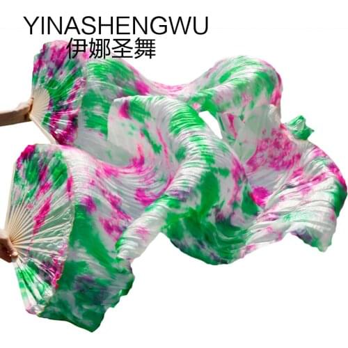 New Arrivals Stage Performance Dance Fans 100% Silk Veils Colored Women Belly Dance Fans (2pcs) green+rose+white Color mixing
