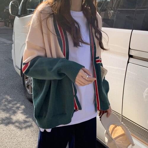 Heliar Women Autumn Patchwork Cardigans Women Button Up Casual Loose Fashion Knitted Tops Cardigan V-Neck Sweaters Preppy Jacket