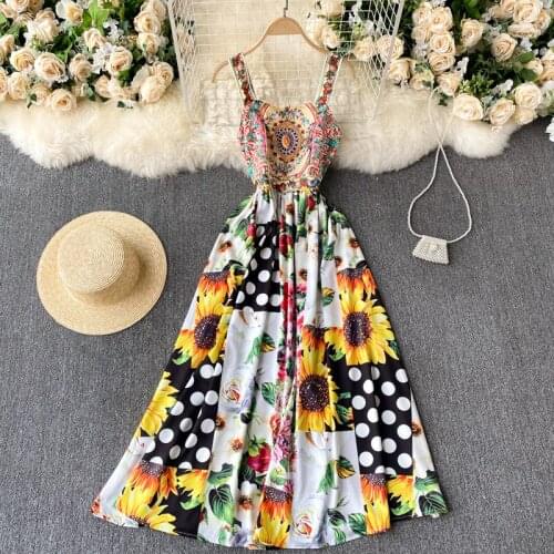 2021 Spring Summer Bohemian Ethnic Sling Vestidos Female Exotic Print Sexy Strapless Waist Slimming Holiday Midi Dresses