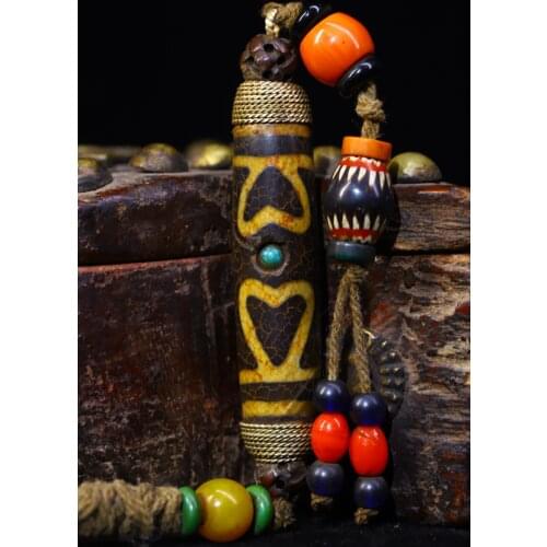 3" Tibet Buddhism Old Natural agate Filigree Gilt mosaic Dzi Bead Nine Eyes Town House Exorcism Ward off evil spirits