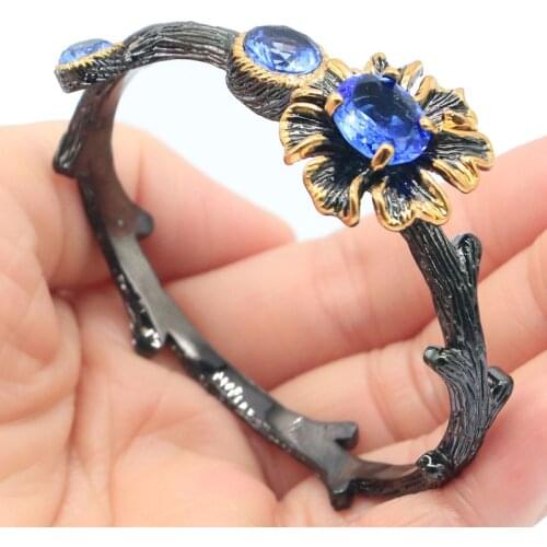 55x24mm Unique 33g Gothic Women Cuff Bangle Bracelet Created Rhodolite Garnet Violet Tananite Kunzite Cool Black Metal Hiphop