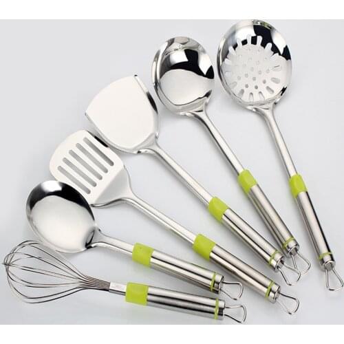 6pcs Kitchenware Cook Tool sets Cooking Accessories Kitchen Utensils Green Handle Stainless steel Soup Ladle Leak Shovel Turner