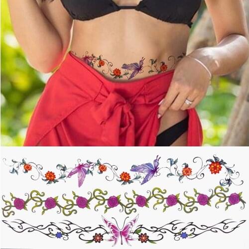Watercolor Flower Temporary Tattoos For Women Girls Lace Butterfly Tattoo Sticker Long Fake Thorns Body Art Waist Tatoos Paste