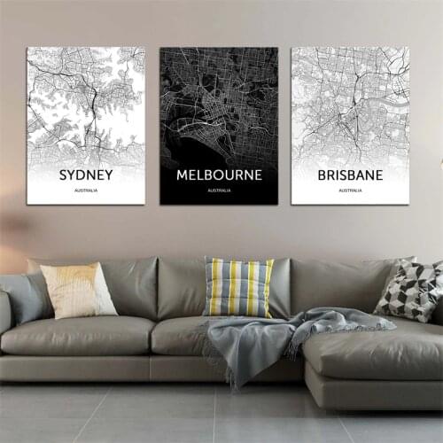 Modern Canvas Art Australia Map Sydney Brisbane Melbourne Black and White World City Map Posters Painting