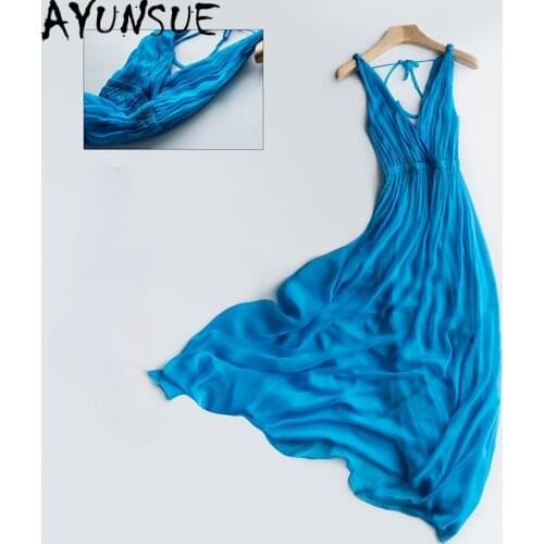AYUNSUE Real Silk Dresses for Women 2021 Summer Party Maxi Dress Casual Blue Beach Boho Ladies Dresses Fashion Robe Femme Ycq33
