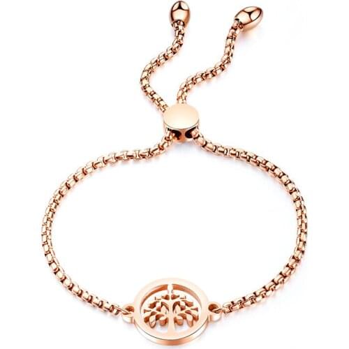 Hollow Tree of Life Rose Gold Color Bangle Bracelet For Women Stainless Steel Box Chain Cuff Hand Jewelry Gift Dropshipping