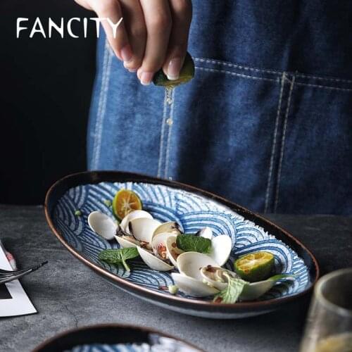 FANCITY Sea Ripple Japanese Oval Large Steamed Fish Plate Household Ceramic Long Plate Fruit Plate Plate Shallow Mouth Salad Pl