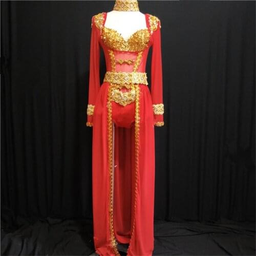 K2 Singer performance long dresses catwalk ballroom dance costumes stage wears bodysuit women skirt host clothe club red bikini