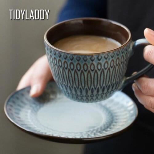 200ml Ins Ceramic Cup Saucers Embossed Retro Coffee Mug Cappuccino Espresso Cup Simple And Classic Drinkware Dropshipping