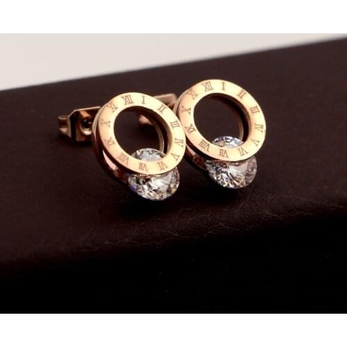 Trendy Shine Zirconia Rose Gold-Color 316L Stainless Steel Stud Earrings For Women Fashion Jewelry Never Fade KE081