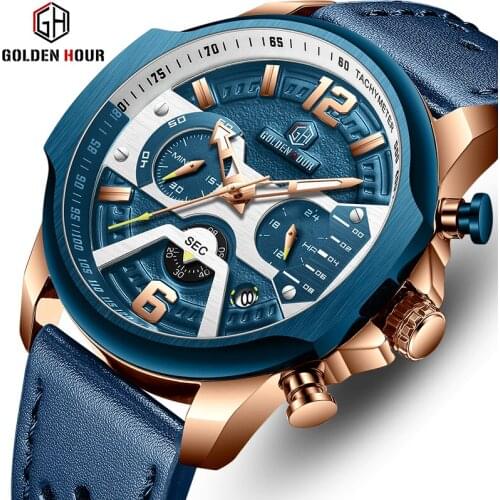 Mens Watches Top Brand Luxury Blue Quartz Men Watch Leather Chronograph Big Sport Wrist Watch Man Male Clock Relogio Masculino