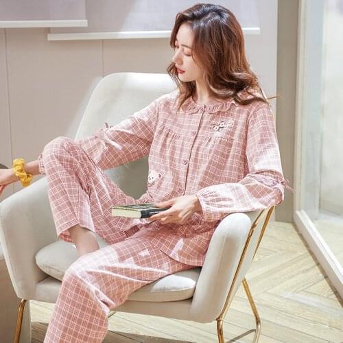 Full pure cotton autumn winter cardigan pajama set women sleepwear casual tracksuit long sleeve plaid pyjamas female home clothe