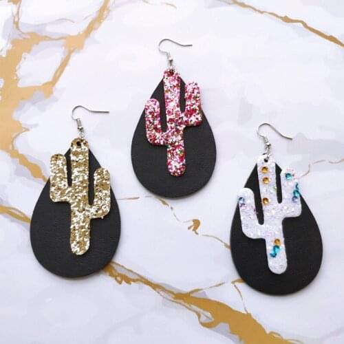 Creative Water Drop Cactus Leather Earrings Double Layer Ladies Earrings New Fashion Ear Jewelry Gifts Wholesale