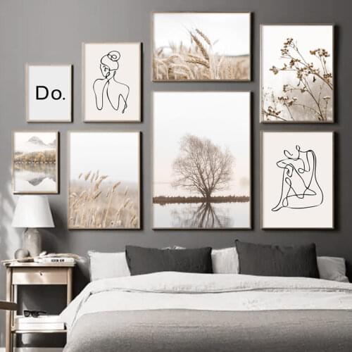 Wheat Tree River Reed Line Girl Body Abstract Wall Art Canvas Painting Nordic Print Posters Wall Picture For Living Room Decor