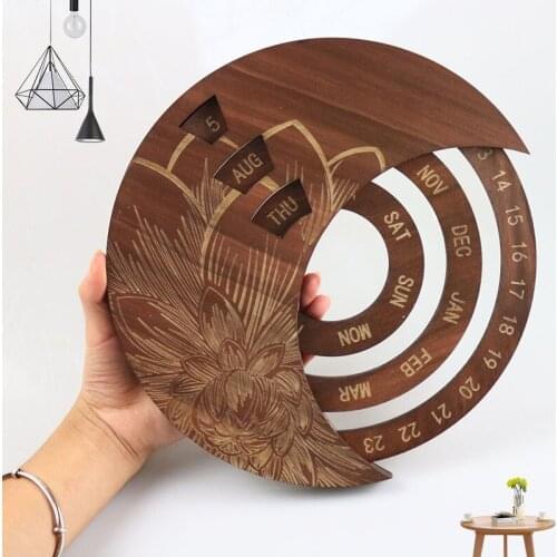 Adjustable Creative Retro Wooden Moon Perpetual Wall Calendar Rotatable Circular DIY Hand-Carved Calendar Home Office Decoration